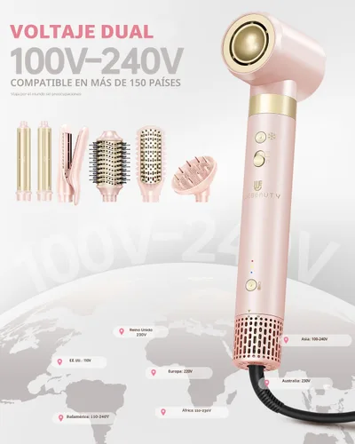 Vista 3 de Cepillo secador de pelo, estilizador de aire caliente de doble voltaje 8 en 1, secado rápido, 110,000 rpm, secador iónico con accesorios alisadores