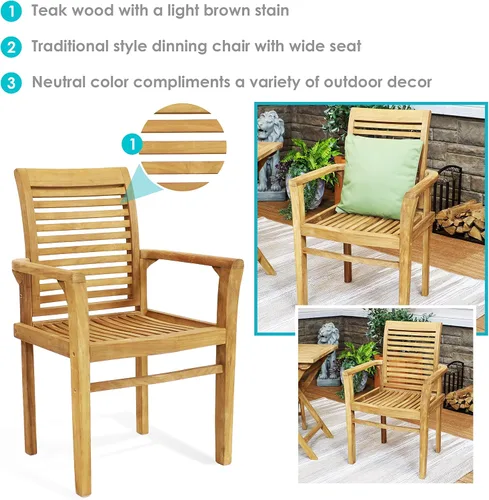 Vista 4 de Sunnydaze Silla de comedor de teca maciza para exteriores, silla de patio con listones de madera duradera con brazos para patio trasero, terraza