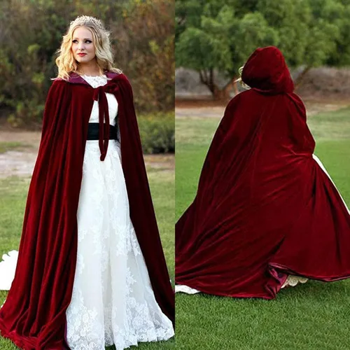Vista 3 de Borgoña - Elegante capa de terciopelo con capucha para mujer, capa larga de invierno