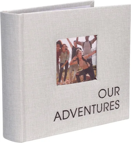 Vista 2 de Malden International Designs 1 Up 4x6 Our Adventures - Álbum de fotos de tela gris claro con áreas de escritura de notas, cubierta dura, 3 x 3