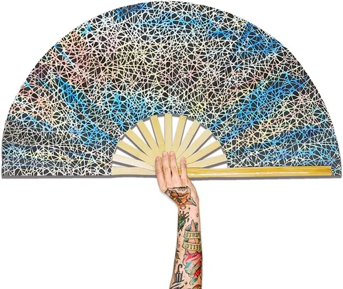 Vista 2 de Ventilador de mano plegable de bambú holográfico con funda para hombresmujeres, ventilador de mano para EDM, festival de música, club, extraño