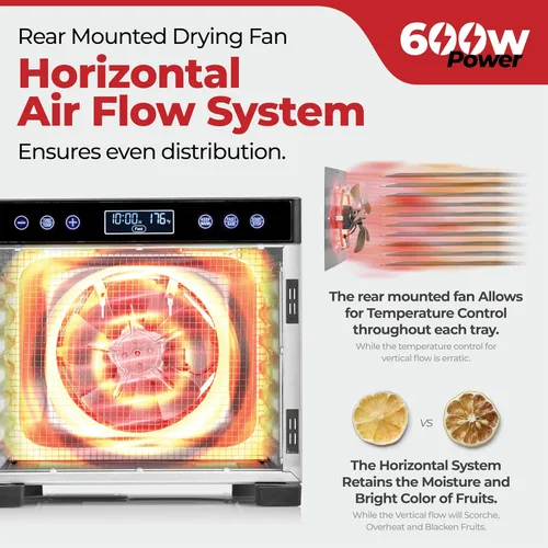 Vista 4 de Magic Mill Máquina deshidratadora Pro Food Potente sistema de secado uniforme con ventilador trasero de 600 W 7 bandejas de acero inoxidable
