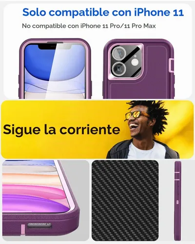 Vista 2 de AICase Funda para iPhone 11 con soporte integrado con protector de pantalla de vidrio + lente de cámara, resistente protección contra caídas, cuerpo