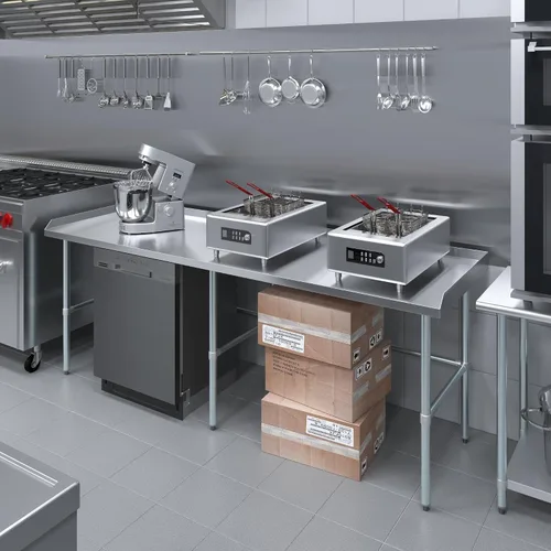 Vista 4 de AmGood Mesa de trabajo comercial con base abierta con salpicaduras y salpicaduras laterales, mesa de preparación de acero inoxidable para cocina