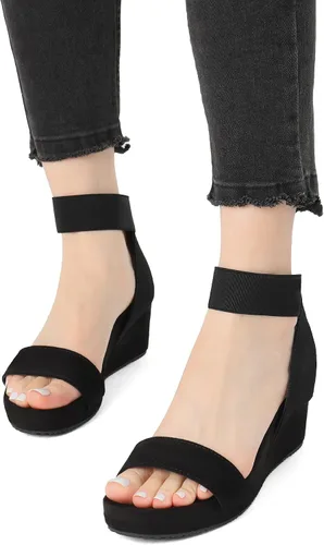Vista 5 de Dream Pairs - Sandalias de cuña con plataforma y puntera abierta y correa elástica para mujer, Negro5