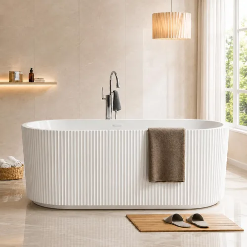 Vista 18 de Bañera independiente de acrílico de 59 pulgadas, bañera profunda para remojo, cuadrado moderno Blanco perla y blanco