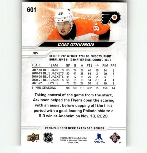 Vista 2 de 2023-24 Upper Deck Extended #601 Cam Atkinson Philadelphia Flyers Official NHL Hockey Base Trading Card