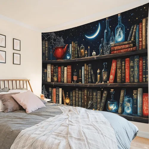 Vista 17 de LB Tapiz de cielo nocturno y océano, tapiz de luna llena sobre el agua, tapiz para colgar en la pared, tapiz de fantasía mágica de acuarela 3D, arte