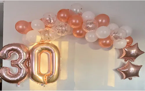 Vista 5 de Decoraciones de cumpleaños número 30, suministros para fiestas, globos de oro rosa con el número 30, globos de aluminio Mylar 30 para decoración