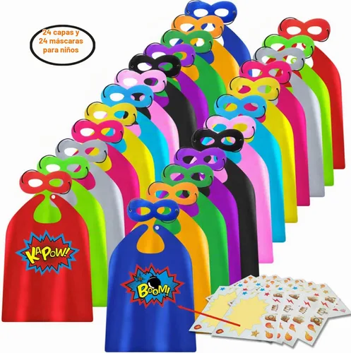 Vista 2 de ADJOY Paquete de 24 capas y máscaras de superhéroes para niños con calcomanías grandes, capas para fiesta de cumpleaños con temática de superhéroes