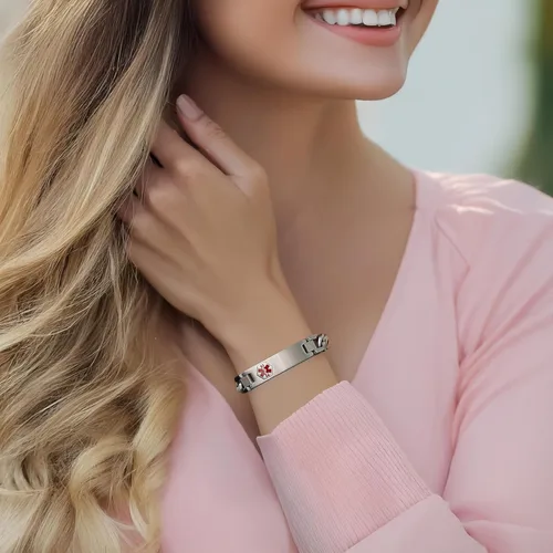 Vista 135 de Pulseras de identificación de alerta médica de 6.5 "-8.5" para mujeres, pulseras de emergencia médica de acero inoxidable, grabado gratuito