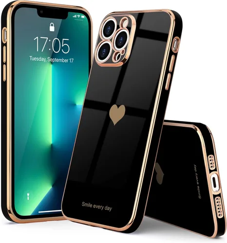 Vista 7 de Teageo Funda para iPhone 13 Pro para mujeres y niñas, diseño de corazón de amor, cubierta trasera suave, protección completa de la cámara, Negro