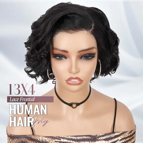 Vista 4 de WIGER Peluca de cabello humano rizado con corte precortado, corto y rizado, encaje frontal de 8 pulgadas, sin pegamento, encaje HD de 13 x 4
