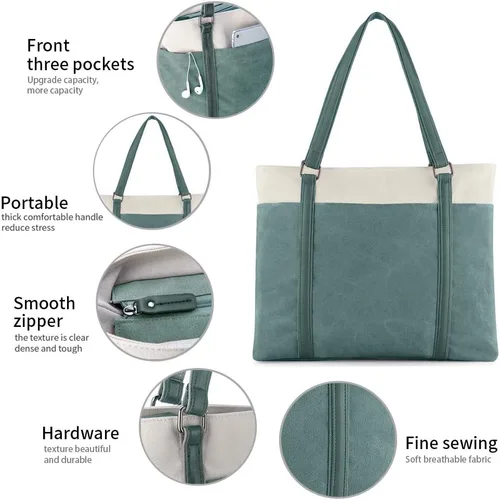 Vista 5 de Laptop Tote Bag for Women, 15.6 Inch Work Bag with Laptop Compartment and Zipper, Canvas Computer Tote for Teacher Negro
