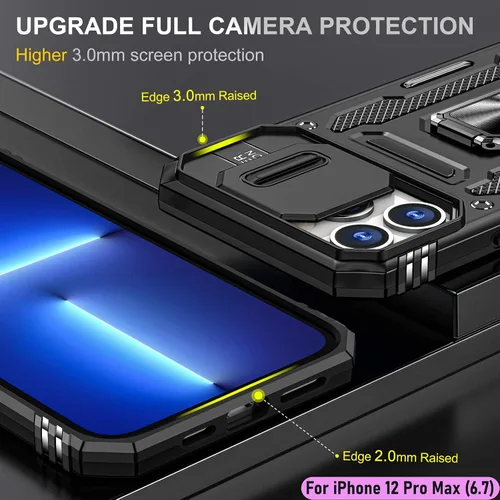 Vista 6 de Funda resistente para Apple iPhone 12 Pro Max, protector híbrido de goma de doble capa de grado militar con protector de cámara deslizante, soporte