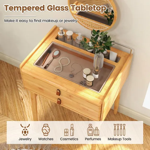 Vista 3 de CHARMAID Mesa de tocador de maquillaje, escritorio de bambú que ahorra espacio con espejo giratorio, 2 cajones, espacio de almacenamiento profundo