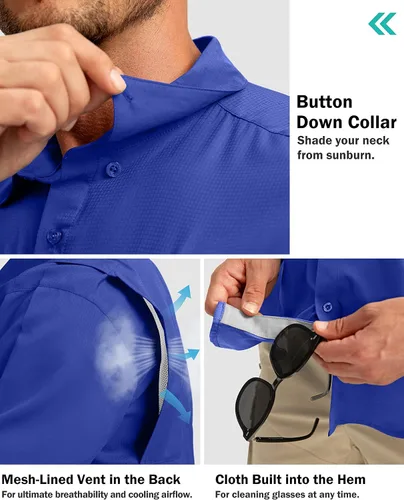Vista 5 de Camisas de pesca para hombre con bolsillos con cremallera, UPF 50+, ligeras, frescas, de manga corta, con botones, para hombre, casual, senderismo