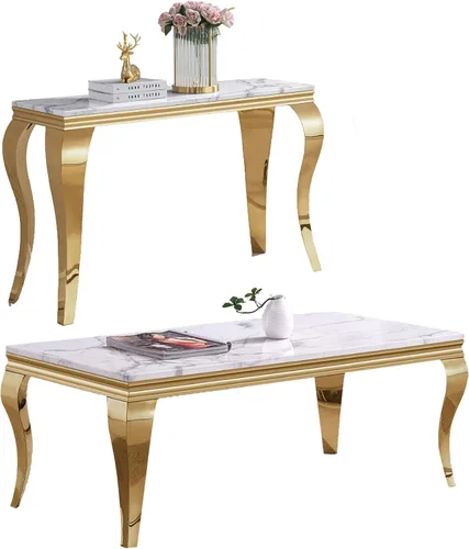 Vista 14 de SSLine Moderna mesa de centro de 1 pieza para sala de estar, mesa de centro de lujo de mármol sintético con patas de acero inoxidable en forma de S