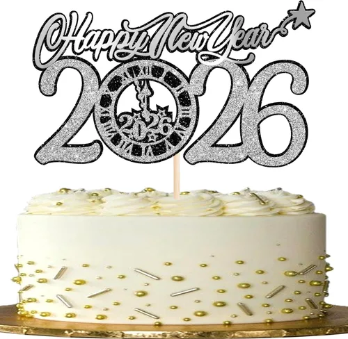 Vista 18 de 1 paquete de decoración para tartas con purpurina de fuegos artificiales para 2026 Año Nuevo 2026, decoración para pasteles de bienvenida 2026