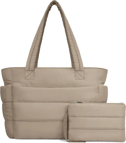 Vista 30 de TOPDesign Bolsa Tote Acolchada para Mujer, Bolso de Mano Ligero Inflado con Compartimentos, Bolsa de Hombro Acolchada para Trabajo, Viajes, Gimnasio