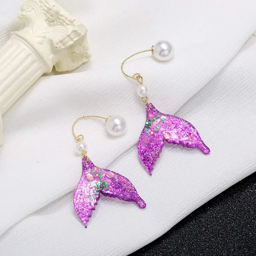 Vista 5 de Pendientes de cola de sirena con lentejuelas fantasía océano luz pendientes púrpura cola de pescado pendientes borla pendientes creativo gancho