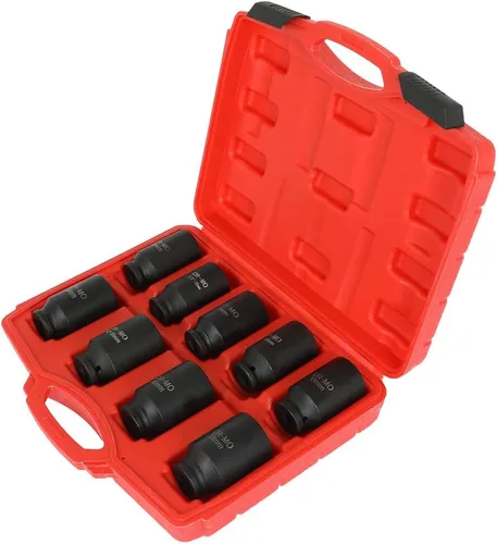 Vista 3 de Juego de dados de eje de impacto profundo de 9 piezas, 1/2 pulgada, 6 puntos Cr-V Spindle Joint High Torque Wheel Nut Sockets Fit For Most Cars