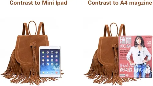 Vista 5 de Mochila para mujer, bolso de hombro con flecos y borlas, de piel sintética, bolso de viaje de moda