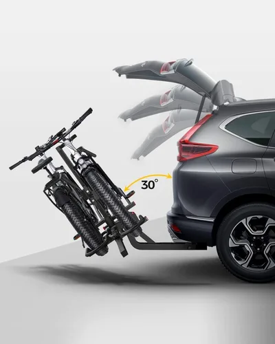 Vista 6 de KYX - Soporte de enganche para bicicleta eléctrica de 220 lb, soporte de enganche para 2 bicicletas estilo plataforma para automóviles, camiones