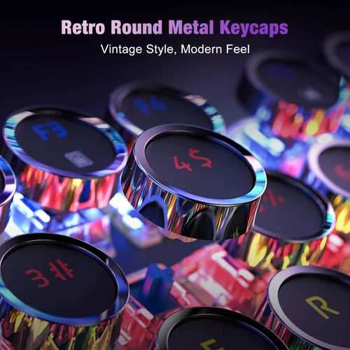Vista 2 de RisoPhy Teclado mecánico para juegos estilo máquina de escribir, panel de metal, teclas redondas punk retro, interruptor azul clicky