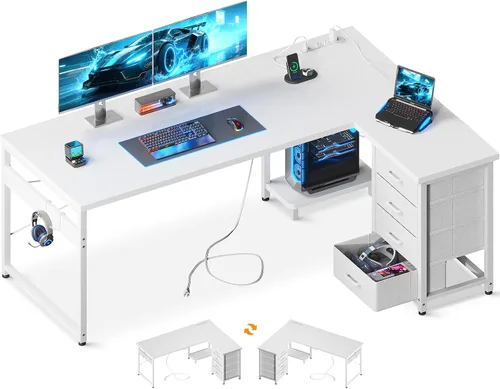 Vista 14 de AODK Escritorio para juegos en forma de L con 4 cajones, escritorios reversibles de oficina en casa de 53 pulgadas con tomas de corriente