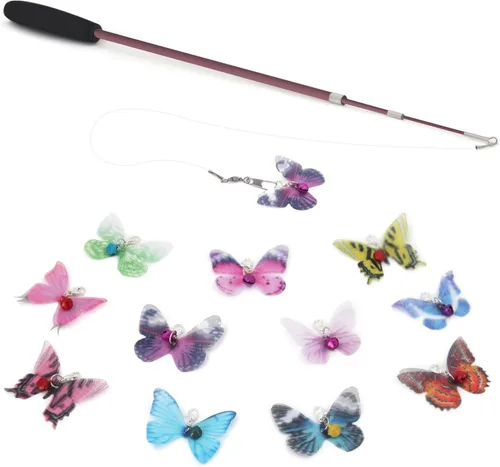 Vista 11 de SONGWAY Cat Teaser Wand Toy – Juego de 10 piezas de juguete de plumas de insectos y gatos con varita retráctil y recambios de plumas con campana