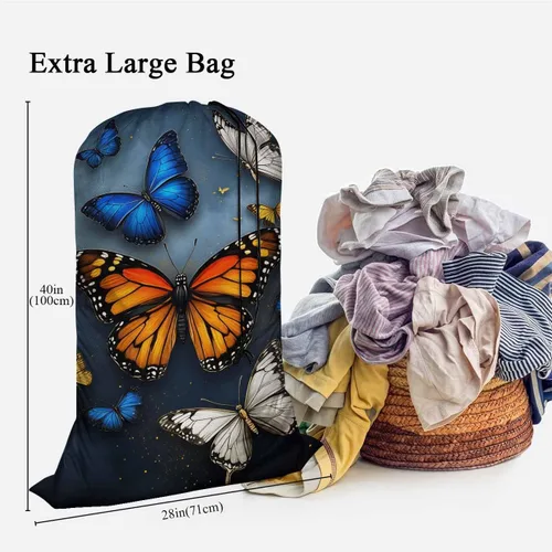 Vista 3 de Swono Bolsa de lavandería extragrande con cierre de cordón de 28 x 40 pulgadas, mariposa 3D voladora con brillo para residentes universitarios