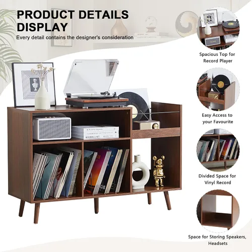 Vista 5 de Soporte para tocadiscos de 45.3 pulgadas con almacenamiento de vinilo, mesa giratoria de madera con capacidad para hasta 350 álbumes, moderno