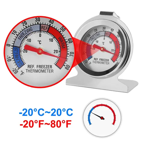 Vista 6 de Termómetro de refrigerador de 5 piezas -30 ~ 86.0 °F/-20 ~ 80 °F para nevera, termómetro analógico para congelador, acero inoxidable, indicador