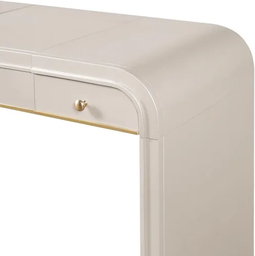 Vista 8 de Saiveina Escritorio clásico de madera con espejo abatible, tocador 3 en 1 con 2 cajones y espacio de almacenamiento para dormitorio, vestidor Champán
