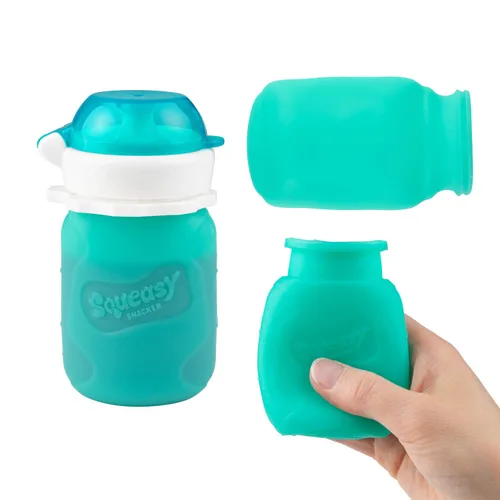 Vista 2 de Aqua 3.5 oz Squeasy Snacker - Bolsa de comida reutilizable de silicona a prueba de derrames - para alimentos blandos y líquidos - Agua, salsa