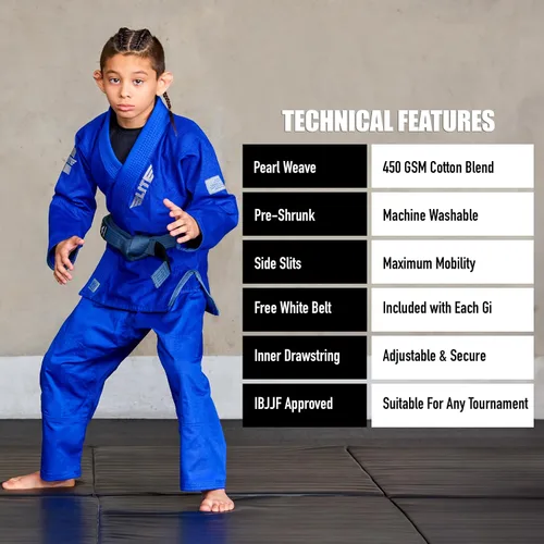 Vista 4 de Elite Sports Kids BJJ GI - Kimono brasileño Jiujitsu Gi con tela preencogida y cinturón, para niños y jóvenes, aprobado por la IBJJF