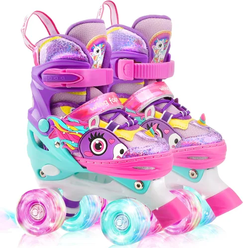 Vista 11 de Dino - Patines de ruedas para niños y niñas, WESKIFAN Dinosaur Quad Skating Shoes con ruedas brillantes y tamaños ajustables para principiantes