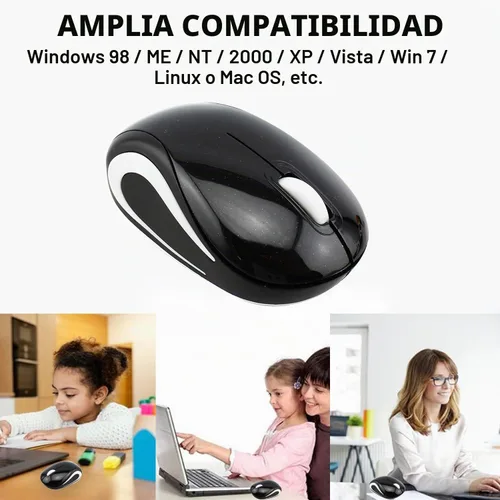 Vista 6 de Ratón inalámbrico para computadora portátil, tamaño pequeño, portátil, compacto, de viaje, USB, 3 botones, 1000 DPI, mouse inalámbrico para PC Negro