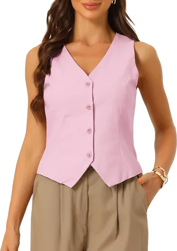 Vista 12 de Allegra K Chaleco para mujer, de verano, algodón, lino, sin mangas, con botones, cuello en V, totalmente forrado, chalecos recortados Negro