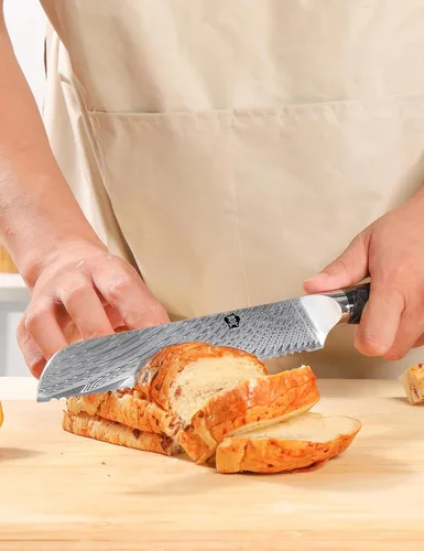 Vista 7 de WILDMOK Cuchillo de pan de acero dentado de Damasco, cuchillo de pan dentado de 8 pulgadas, mango ergonómico de resina de espiga completa, afilado