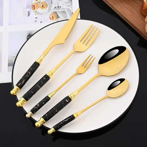 Vista 6 de JASHII Fancy Silverware - Juego de cubiertos de acero inoxidable dorado, juego de cubiertos de espejo, cuchillo y tenedor, cuchara, cucharadita