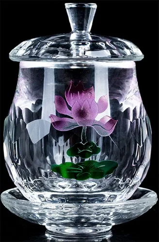 Vista 5 de Houlu 1 taza de altar de cristal de cristal, taza de agua bendita, taza de adoración budista tibetana - Lotus (transparente)