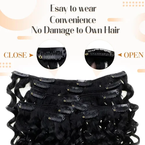 Vista 43 de Hetto . Extensiones de cabello humano rizado con clip, color #1 negro azabache, extensiones de cabello humano ondulado natural para cabeza completa