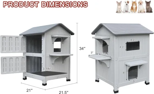 Vista 9 de Rockever Casa de gato con aislamiento de plástico para exteriores con puerta de escape, casa impermeable de 2 pisos para gatos al aire libre