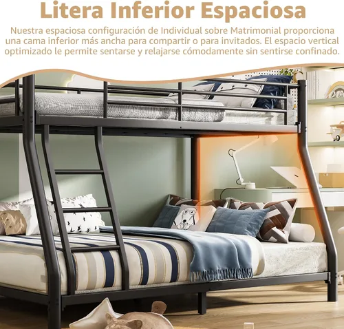 Vista 5 de Litera de metal de tamaño individual sobre matrimonial para adultos y niños, literas de perfil bajo con barandilla de longitud y escalera,