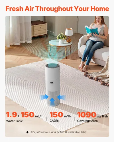Vista 2 de VEVOR Purificador de aire 2 en 1 con humidificador, cubre hasta 1090 pies cuadrados en una hora, filtro True HEPA 11, silencioso de 22dB, filtra