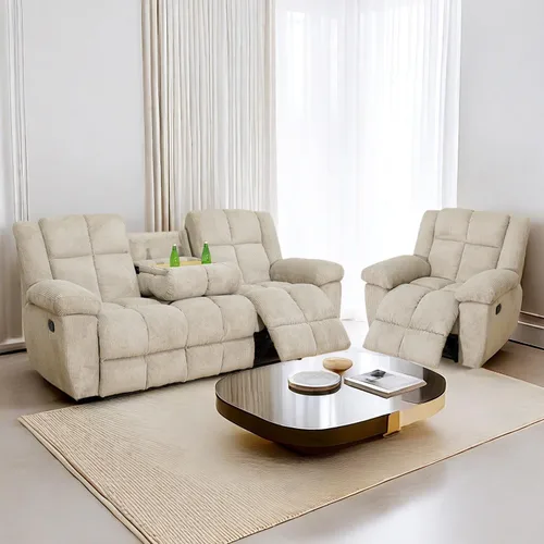 Vista 9 de Juego de sofá reclinable para muebles de sala de estar, juego de sofá y silla reclinable de pana verde, tela manual, sofá reclinable de 3 plazas