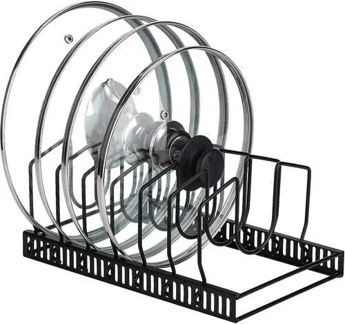 Vista 2 de Toplife Estante organizador de más de 7 tapas de olla + estante organizador resistente de 5 niveles para sartenes de hierro fundido, planchas y ollas