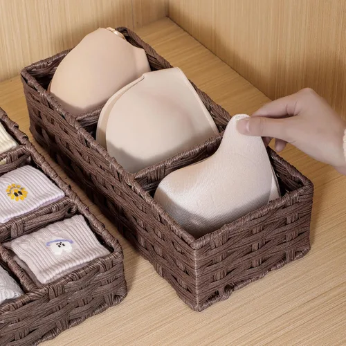 Vista 3 de Cesta de Papel para la Parte Superior del Tanque del Inodoro, Cesta Multiusos de Mimbre de Plástico Tejida a Mano, Contenedores con Divisor